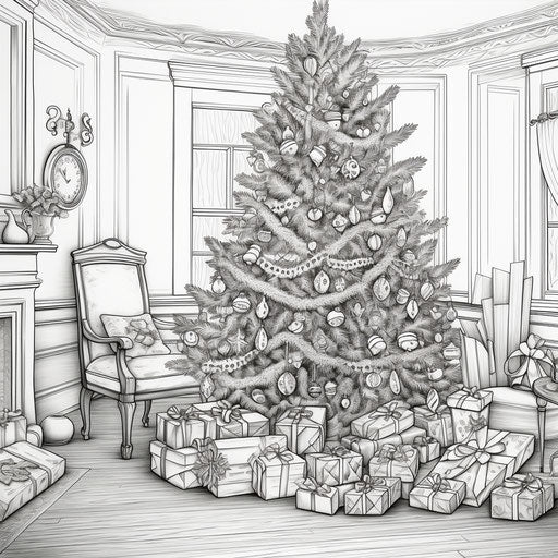 Christmas tree and presents coloring page, highly realistic style