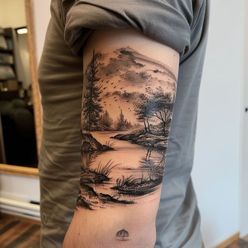 Elbow tattoo of a surreal landscape