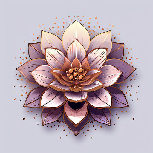 Purple lotus flower with dots, line drawing style, spiritual motifs, light pink and bronze, hand-drawn