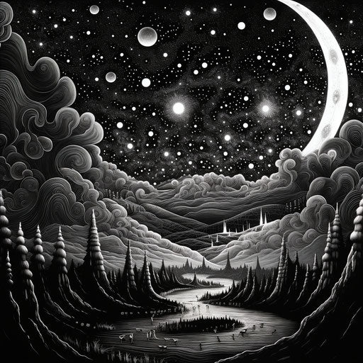 Fantasy landscape at night, intricate dotwork style