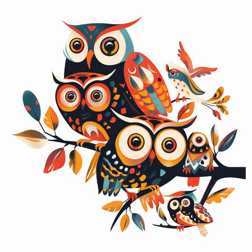 Family of owls on a branch, flat tattoo sketch