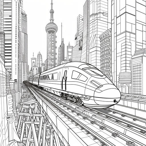 Futuristic train moving through a skyscraper city