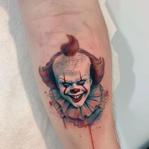 A tattoo of a clown with a mysterious smile, using soft pastel colors, on a clean white background.