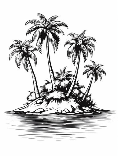 Isolated tropical island with palm trees and sun in black and white