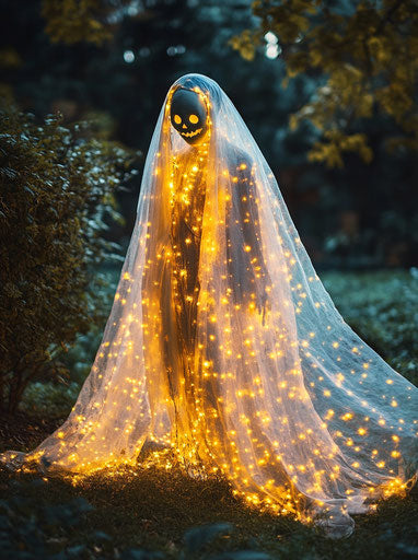 Light-up Halloween ghost with lights and gauze, outdoor decor