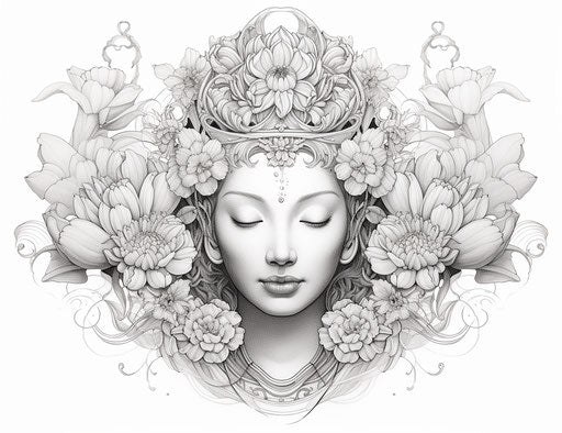 Buddha and flowers tattoo design in intricate dotwork style