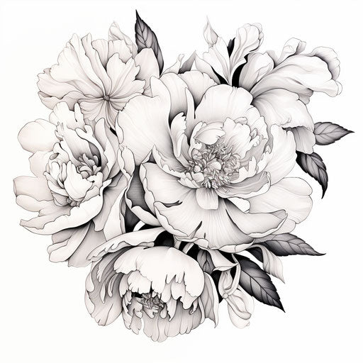 Peony tattoo in graphite sketch style, white background