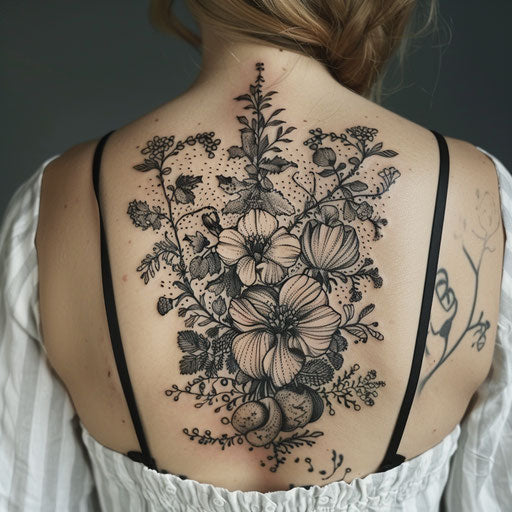 Detailed botanical tattoo representing growth and renewal