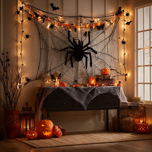 Halloween Room with Spiderweb and String Lights