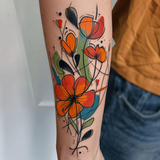 Abstract wildflower tattoo, bold shapes, vibrant colors, artistic flair