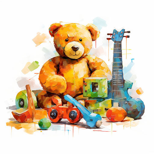 Toys in Oil Painting Style on White Background