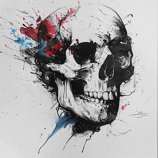 Abstract skull with fluid art and splatter effects on white canvas
