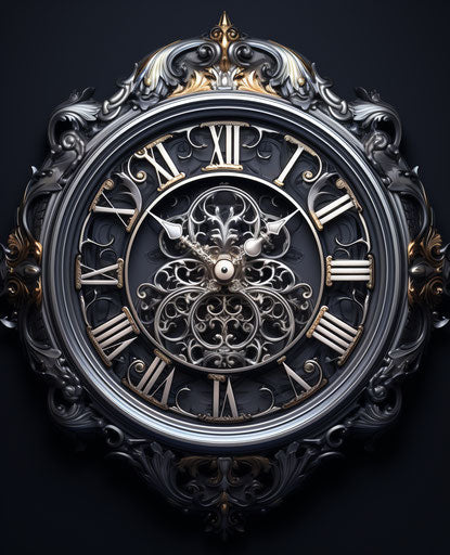 Dark silver tattoo-style clock, rococo, whimsical, sharp 25:31