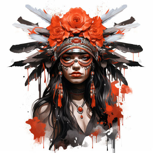 Woman with Indian hat and red flower, noir comic art, tattoo