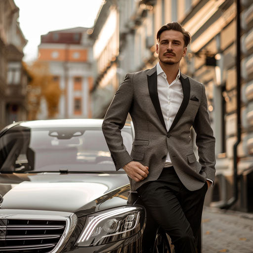 Businessman with luxury car exuding success and confidence