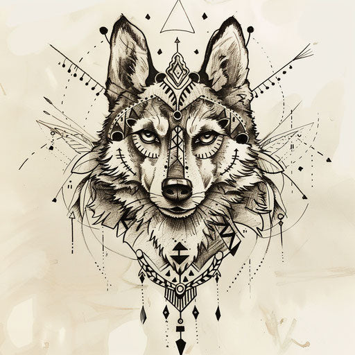 Exotic flat tattoo sketch of a husky adorned with traditional Siberian patterns