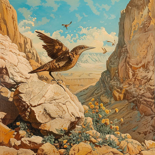 Creeper bird navigating rocky terrain of a desert oasis