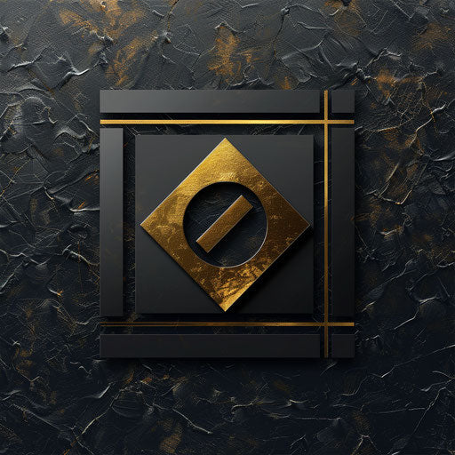 Modern logo in gold and black with a metallic background
