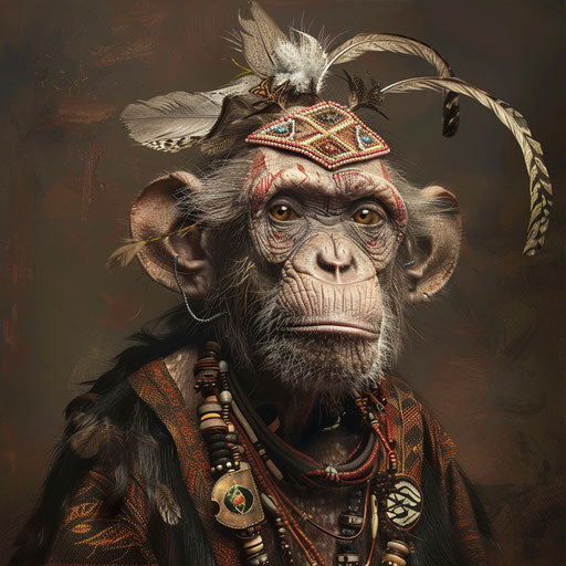 Detailed portrait of a wise monkey, adorned with tribal tattoos and feathers.
