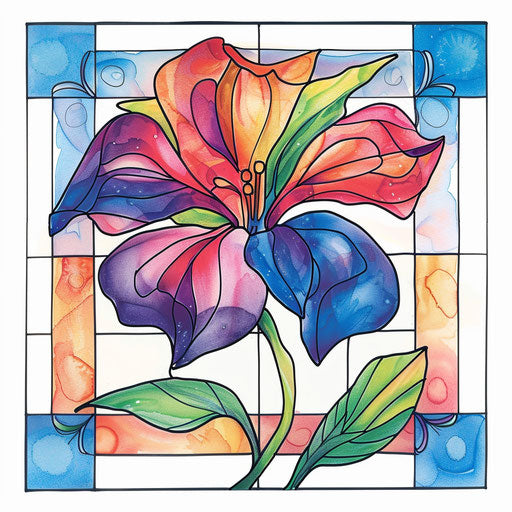 Stained glass tattoo design of a November birth flower, vibrant and colorful on a white squared background.