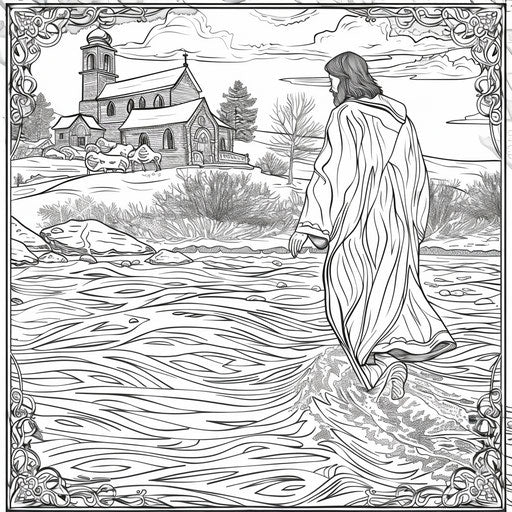 Jesus walking on water in a cozy and detailed winter setting