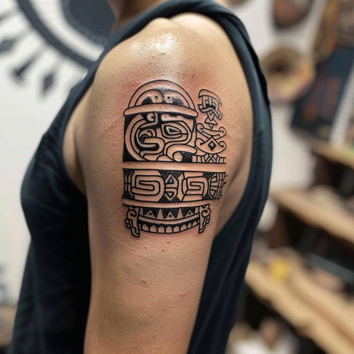 Armband tattoo of Aztec symbols and patterns in Humberto Ramos style