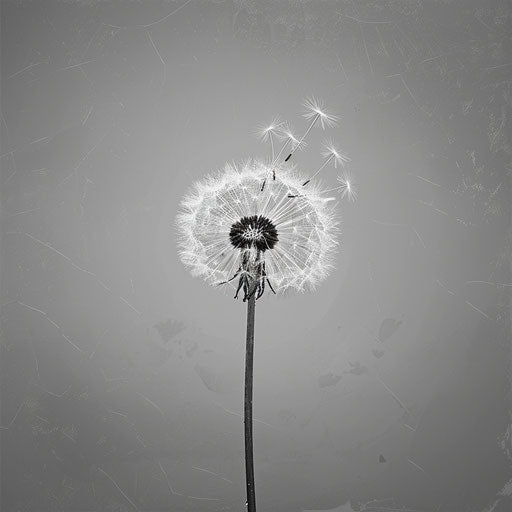 Dandelion clipart in photorealistic style with flat random background, monochrome palette and detailed wings
