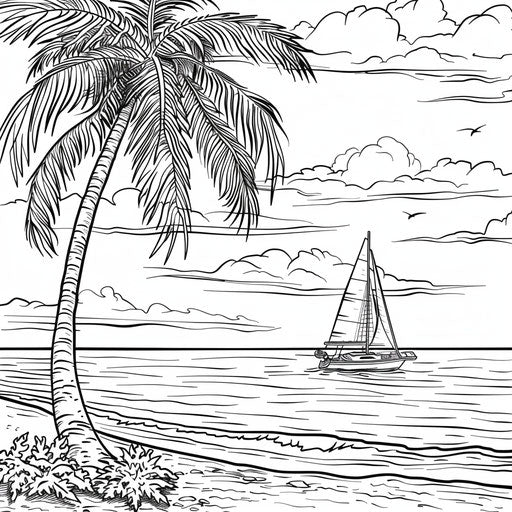 Beach scene with palm tree and sailboat in the distance