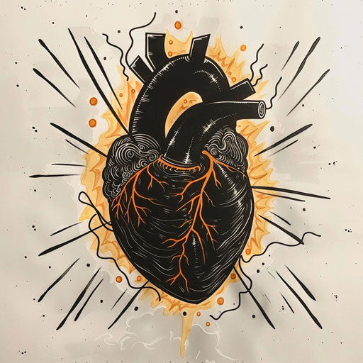 Bold flat tattoo sketch of a black heart with lightning bolts
