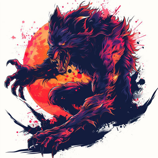 Werewolf in transformation with red and orange hues