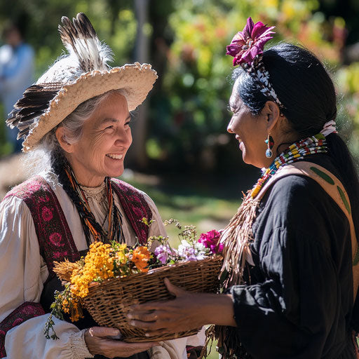 A Pilgrim woman offering a handmade basket to a Native American woman, smiling in mutual respect and kindness