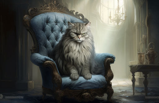 Fluffy gray cat sitting on a chair, expressive body language