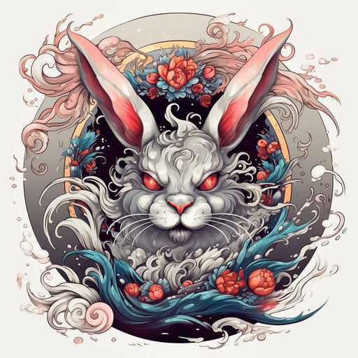 White bunny tattoo on grey background, colorful chaos style