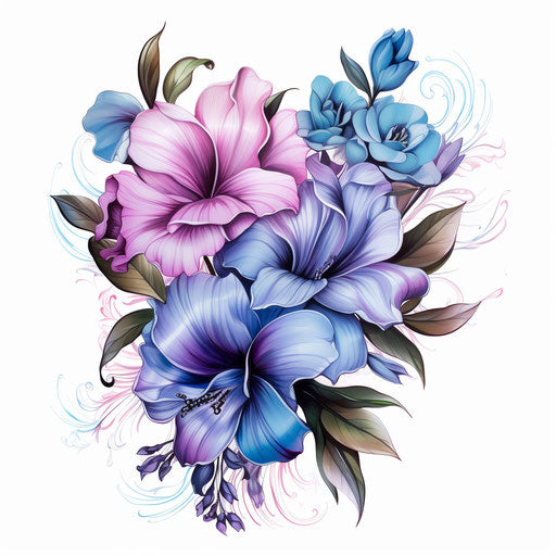 Blue and purple flowers on white background, tattoo style
