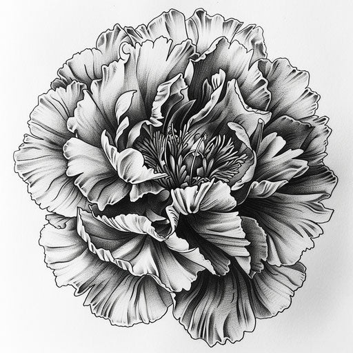 Detailed black and white sketch of a carnation tattoo on white background