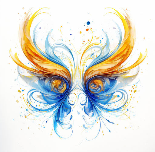 Blue and yellow dove wings with ornaments on white background