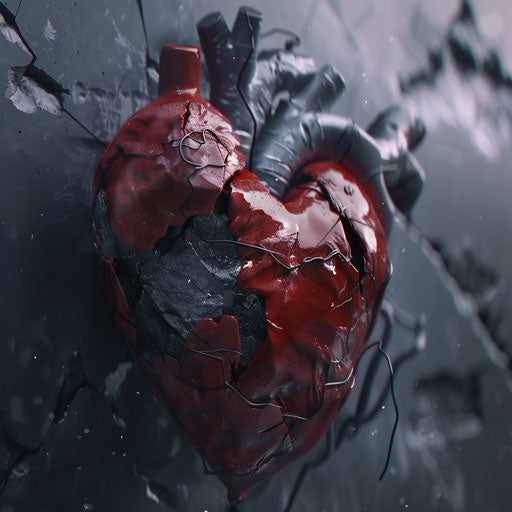 Animated broken heart, single object, confrontational figures, deep distance