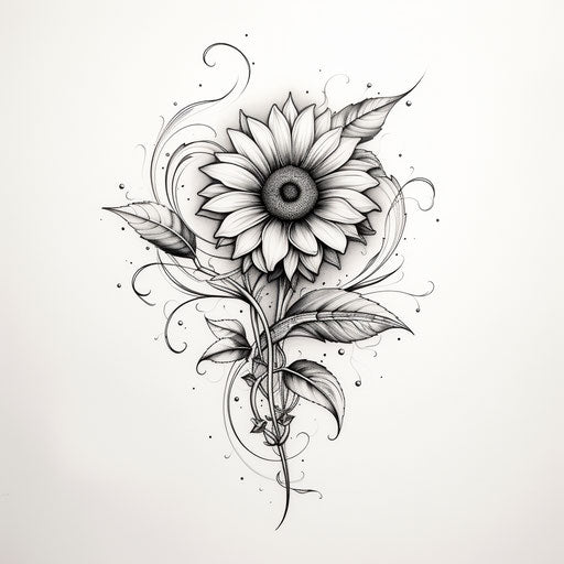 Black and white sunflower drawing, rounded style, detailed anatomy