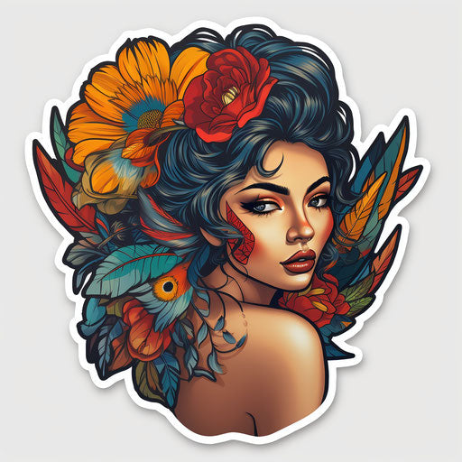 Beautiful woman with flower and feathers, bold feminine art style