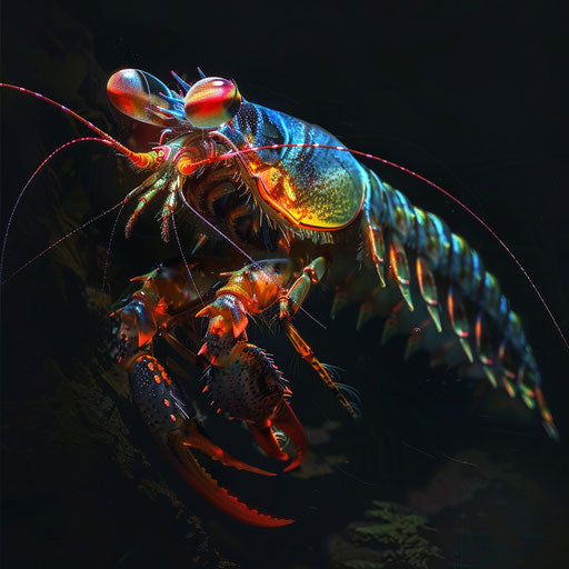 Mantis shrimp with dramatic shadows and lighting, dark and moody