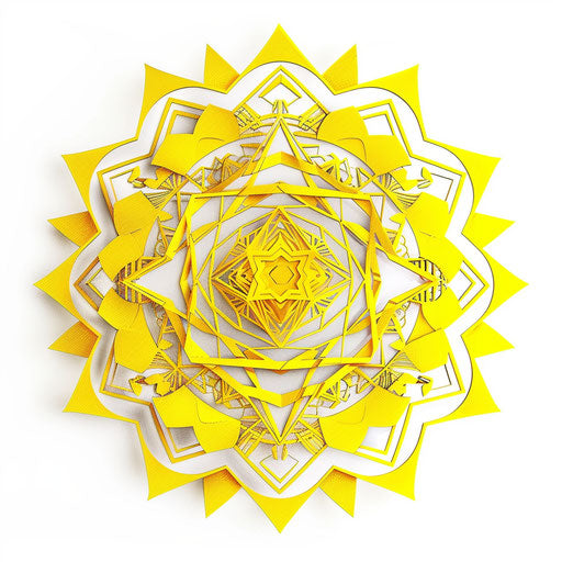 Solar Plexus Chakra Tattoo Illustration in Laser Cut Style, Yellow Geometric Shapes on White Background
