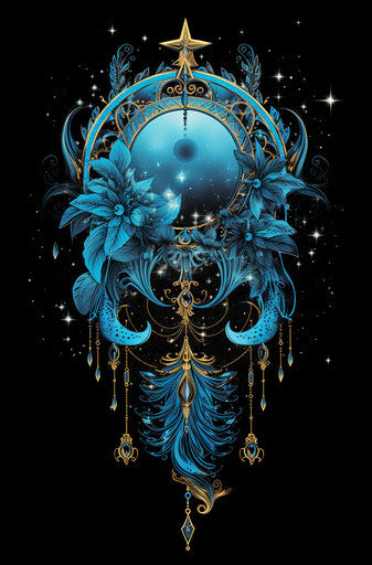 Colorful moon and dream catcher, black and azure style