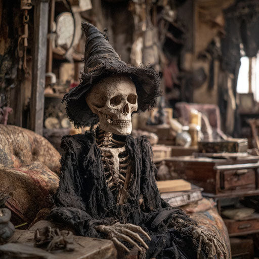 Skeletal witch figure in a decaying gothic room