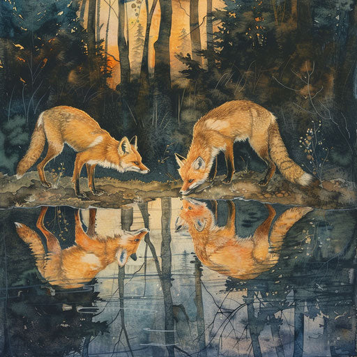 Foxes reflecting on a pond under twilight's glow
