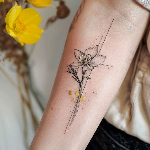 Contemporary minimalistic tattoo of a Narcissus with a splash of gold foil detail on white background