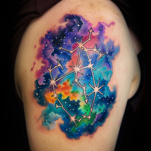 Vibrant flat tattoo sketch of the Aquarius constellation with a backdrop of colorful nebula clouds