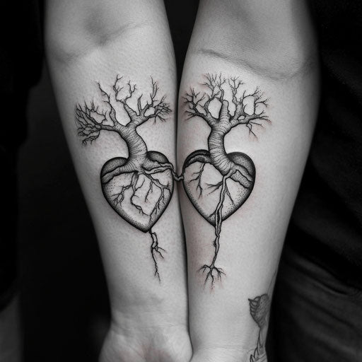 Father son tattoos with shared heart, Maria Sibylla Merian style