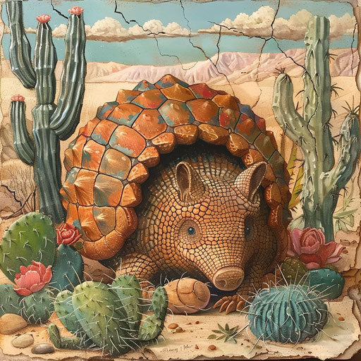 A curious armadillo behind a cactus in a desert landscape