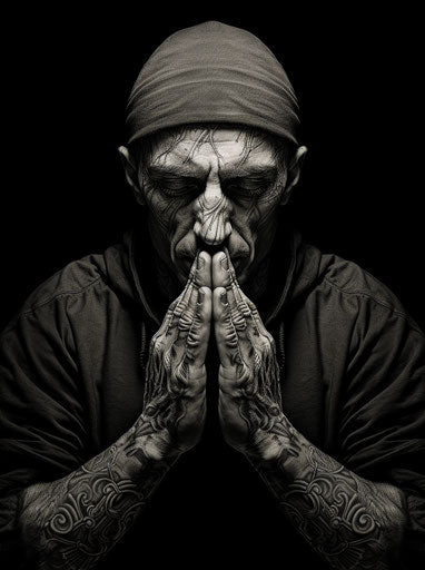 Black praying hands tattoo on t-shirt in sketchy caricature style