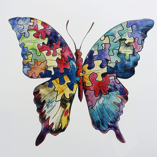 Autism puzzle butterfly mosaic on white background